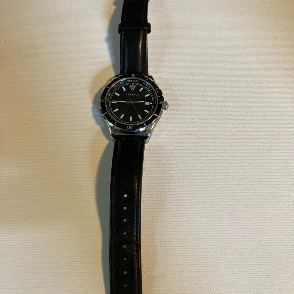 Versace Black Watch with Leather Strap and Stainless Steel Case